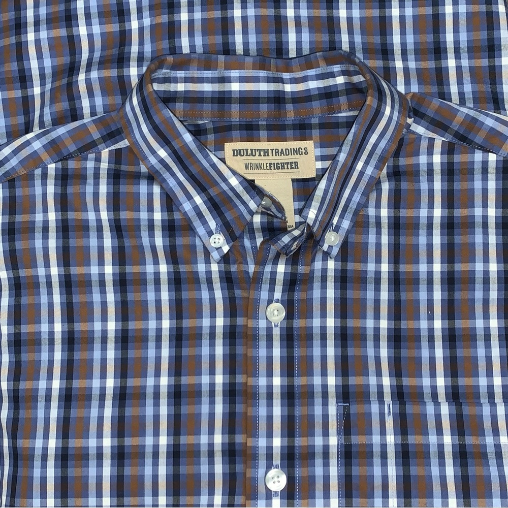 Duluth Trading Mens Plaid Wrinkle Fighter Shirt Size S Long Sleeve Blue Brown - Picture 4 of 8